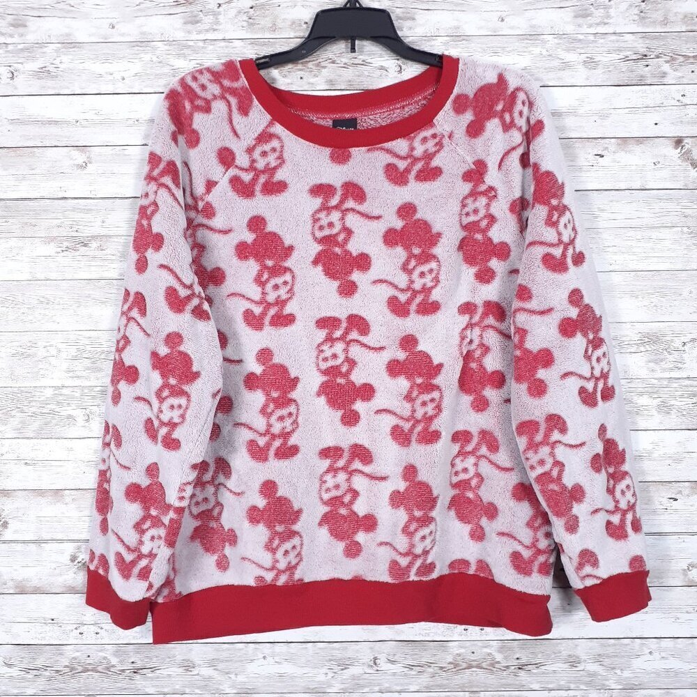 Disney Womens Plush Sweatshirt L Mickey Mouse Pullover Red 713